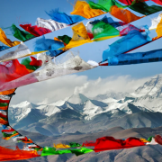 Tibetan prayer flags and snowy Himalayas